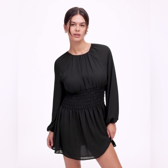 Madewell Bubble-Sleeve Smocked Mini Dress in True Black Size Small NWT - Picture 1 of 15
